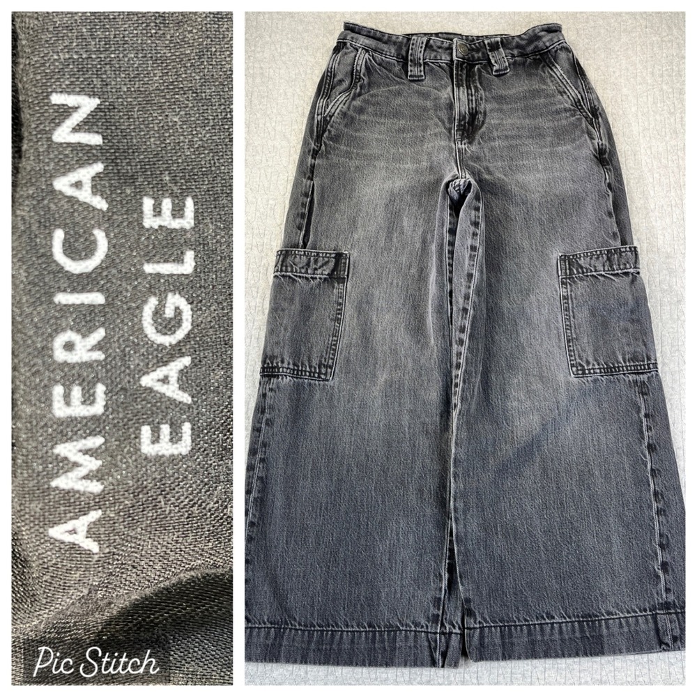 American Eagle Baggy Wide Leg Cargo Jeans Women‎ 0/Short(24X23) high rise